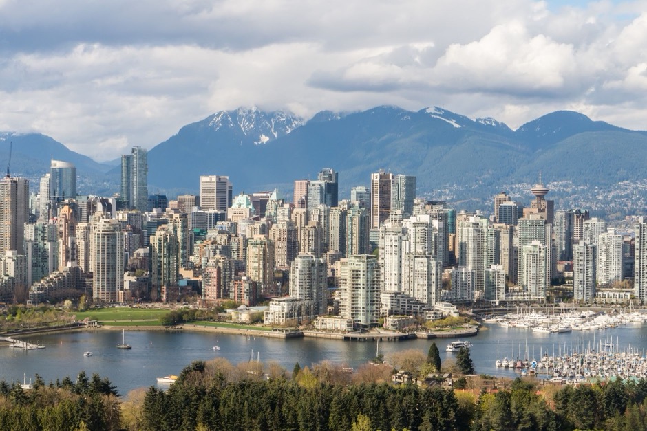 Vancouver skyline with the North Shore mountains and marina in the background