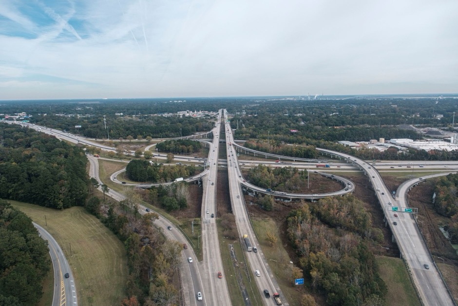 Aerial view of a US interstate highway interchange